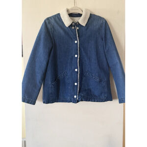 MINT J. Crew Denim Sherpa Swing Jean Denim Blue White Fur Trim Jacket Sz L EUC
